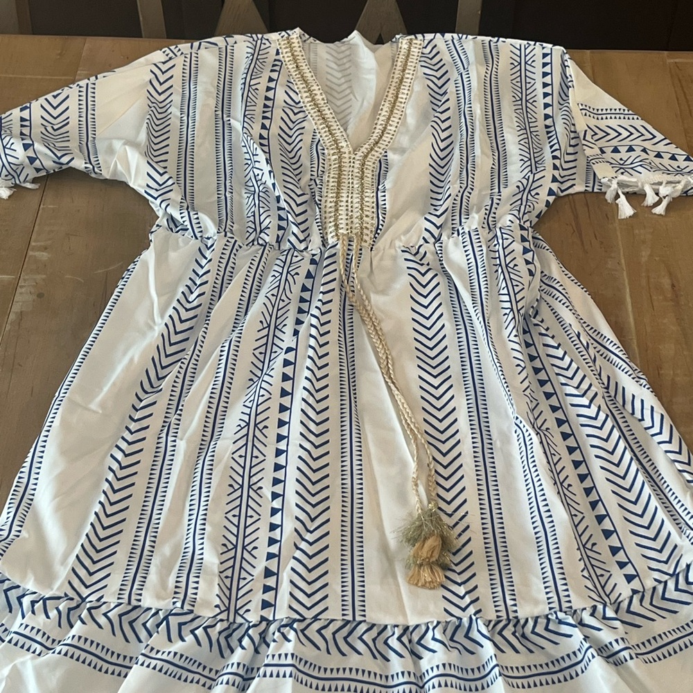 Girls White Dress with Blue Stripe Print and Tassel Tie